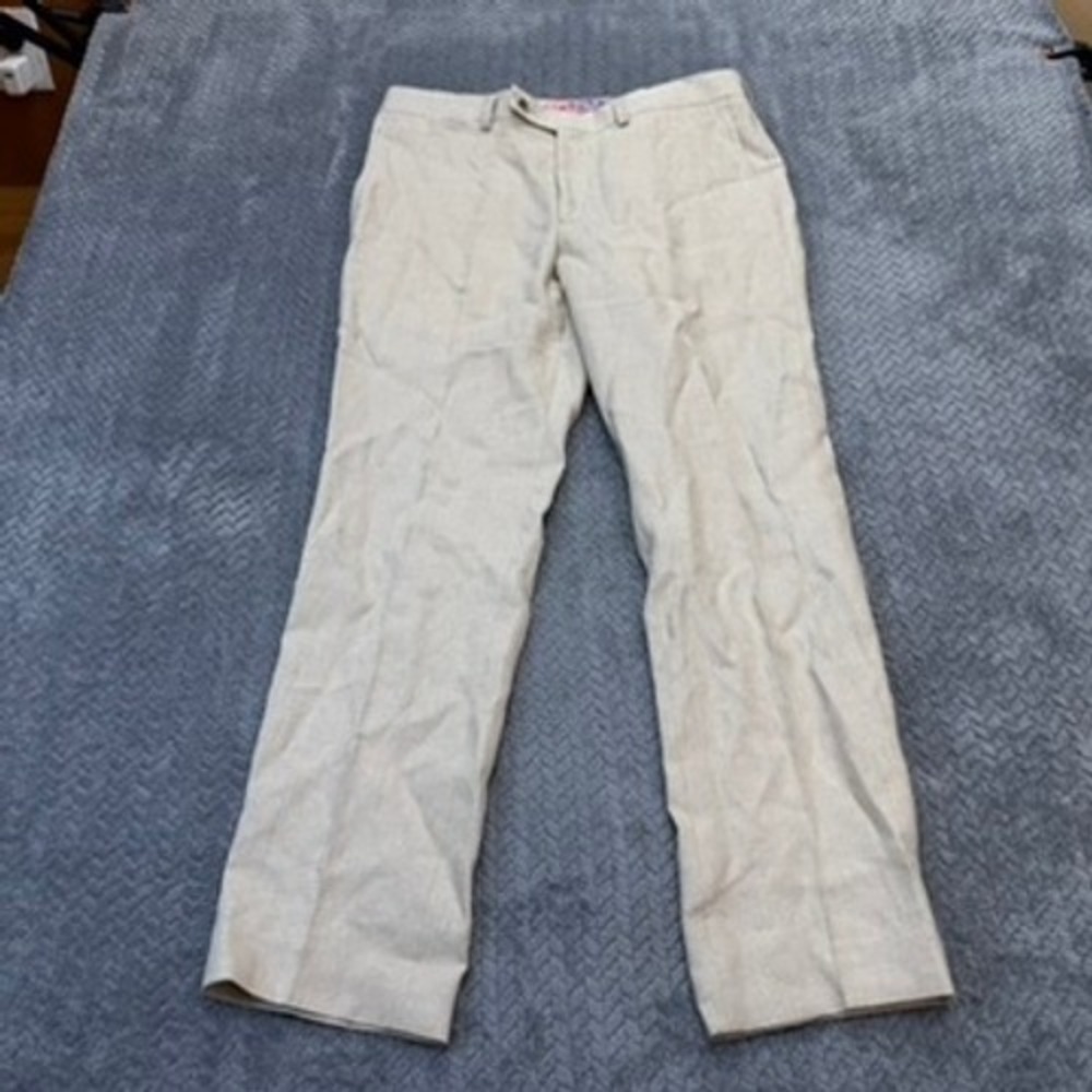 Robert Graham Pants Men 33R Modern Fit Beige Tan Solid Linen Blend Canada Luxury